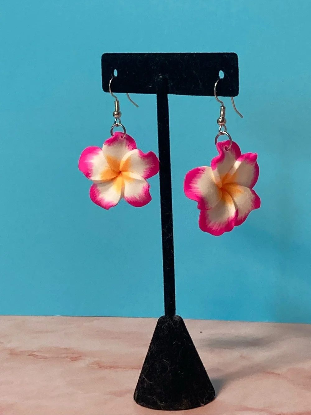 Pink White Yellow Plumeria Flower Drop Earrings